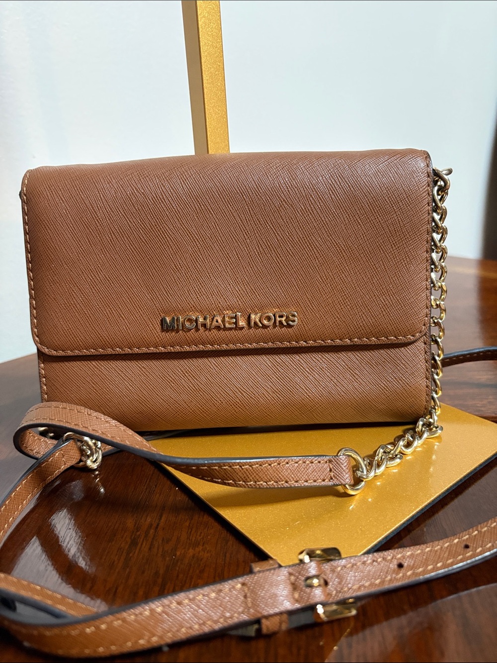 Michael Kors Tan Saffiano Leather Crossbody with Gold Hardware